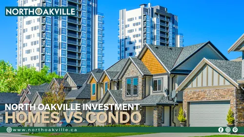 A modern North Oakville streetscape contrasts detached homes with high-rise condos, capturing the core message of 2025 real estate investment: Homes vs Condo.